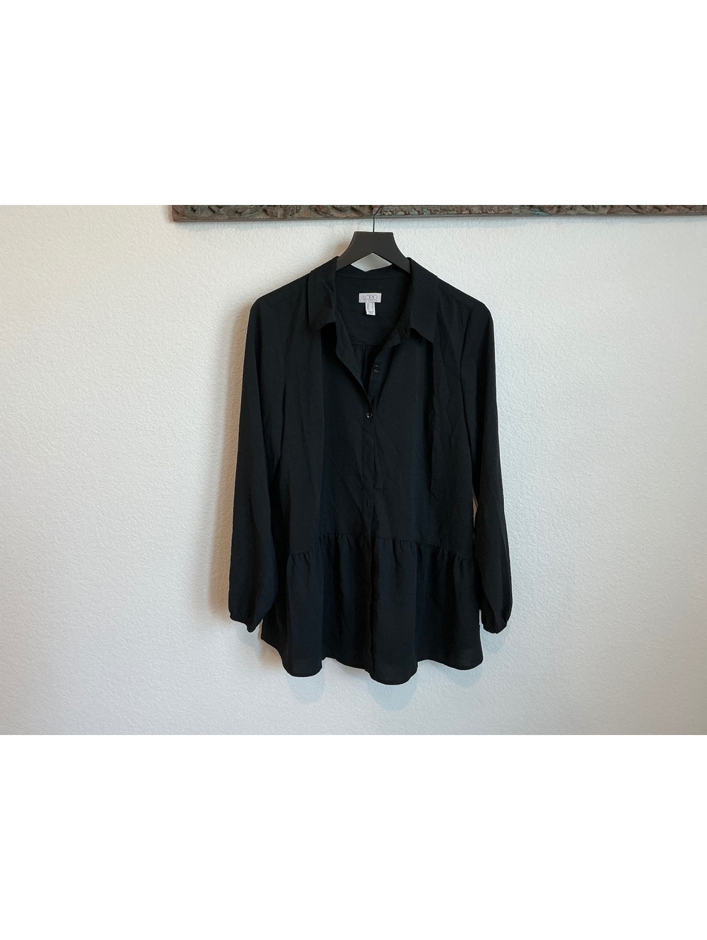 LOGO by Lori Goldstein Black Long Sleeve Peplum Tunic Blouse Size M